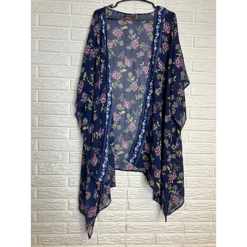 Lane Bryant Kimono Wrap Womens OS Navy Blue Excellent Floral Sheer Chiffon Layer